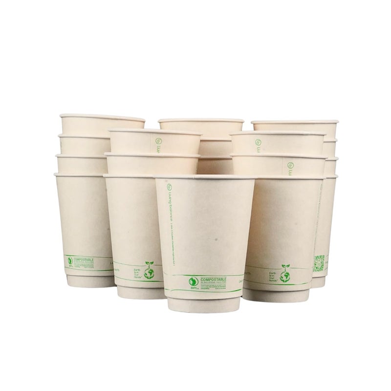 LB LIVING BALANCE Living Balance Certified Compostable Coffee Cups 12 oz â€“ 100 Pack Cups with Integrated Sleeves | Leak Proof, BPA-Free & CPLA Certified Plant-based | To-Go cup for Hot & Cold Drinks - Image 1